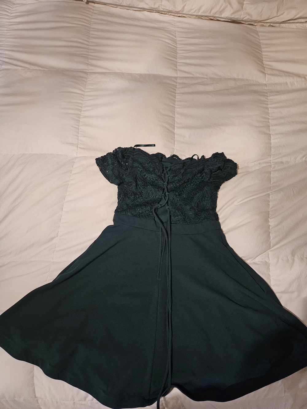 City Streets Dark Green Off-Shoulder Lace Bodice Prom Dress